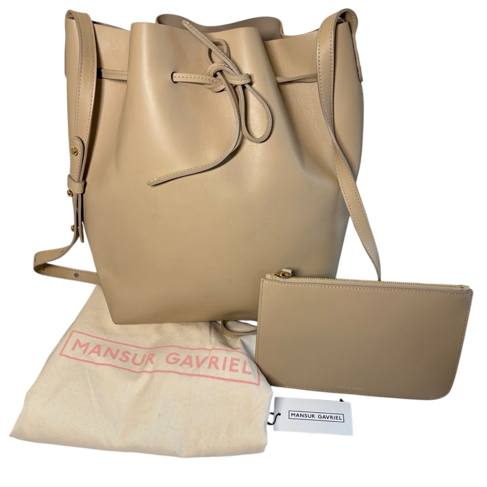 Mansur Gavriel Sand Leather Large Shoulder Bucket Bag with Pouch